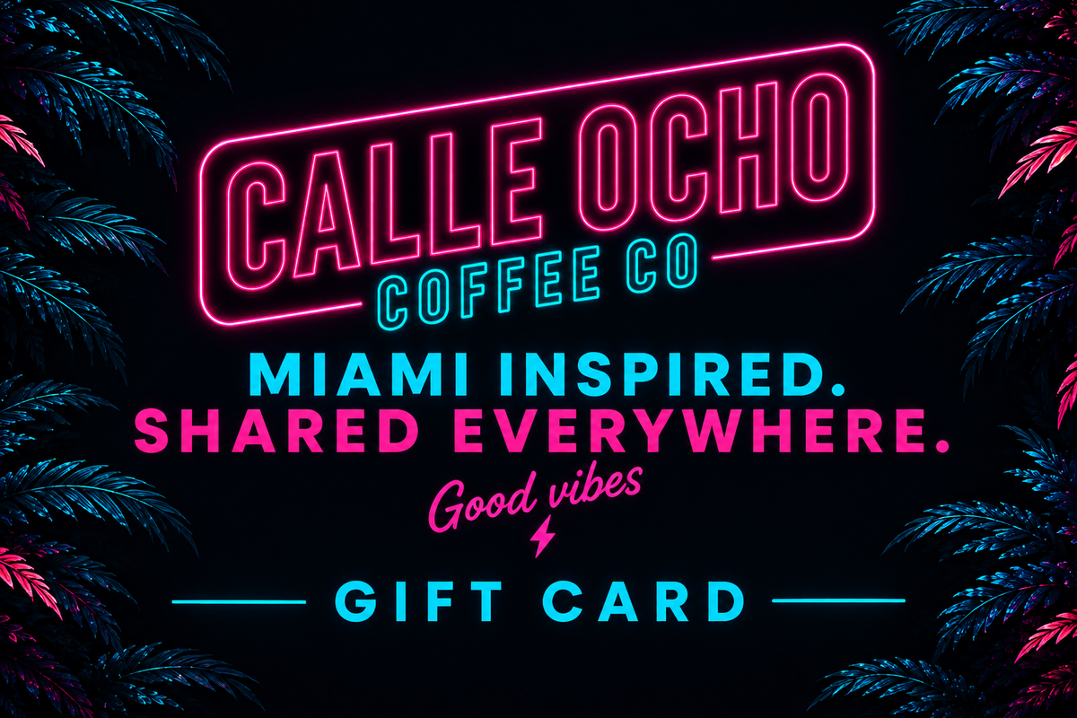 Calle Ocho gift card design in the brand's black, pink, and cyan neon style